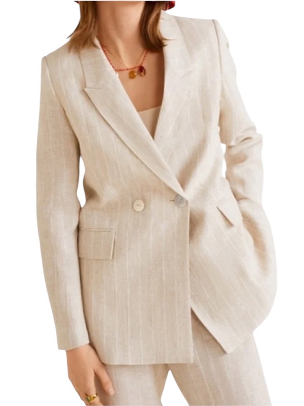 Mango MNG linen double breast tan & white stripe blazer Sz S excellent condition